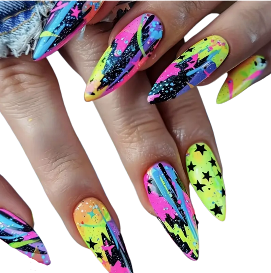 Vibrant Glow Graffiti Splatter Press‑On Nails
