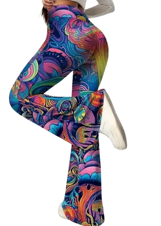 Psychedelic Flare Pants - High Waisted Bell Bottom Leggings with Vibrant Abstract Print