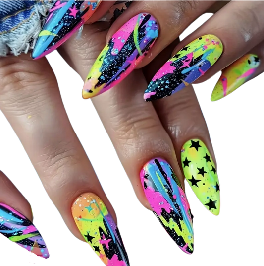 Vibrant Glow Graffiti Splatter Press‑On Nails