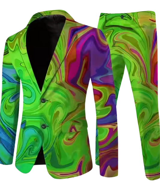 Stylish Men's Suit with Neon Stitching and Glow-Inspired Color Blocking