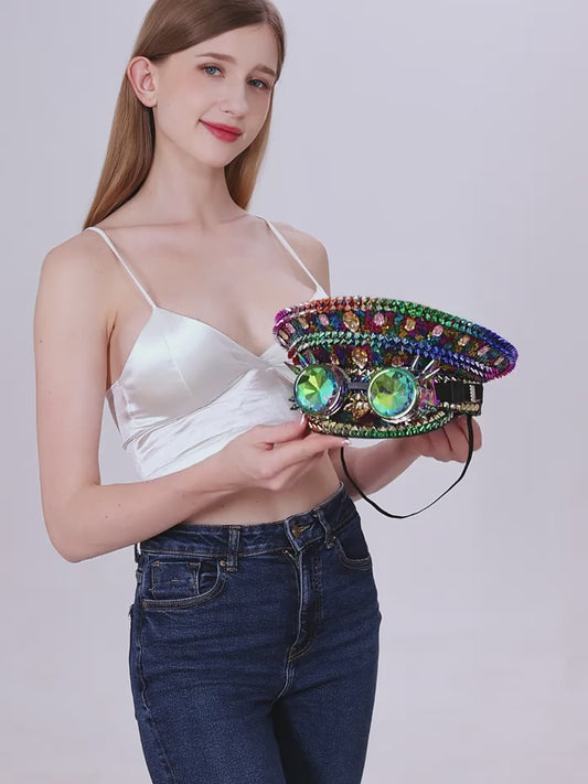 Steampunk Rhinestone Captain Hat with Goggles