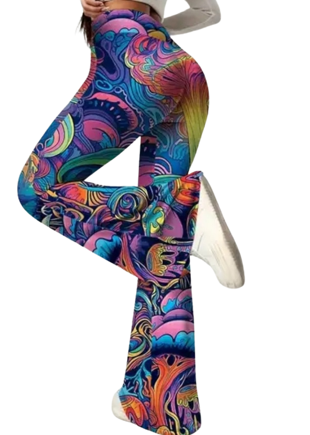 Psychedelic Flare Pants - High Waisted Bell Bottom Leggings with Vibrant Abstract Print