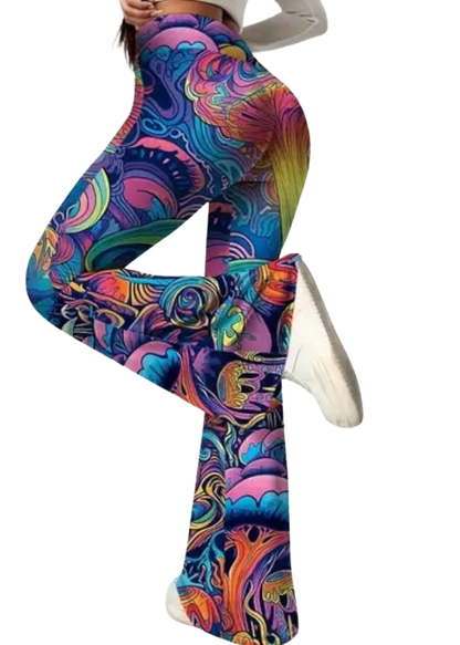 Psychedelic Flare Pants - High Waisted Bell Bottom Leggings with Vibrant Abstract Print