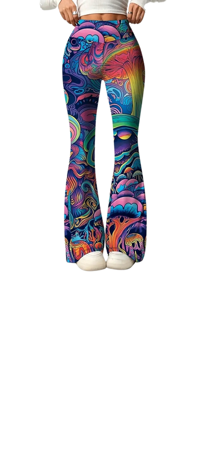 Psychedelic Flare Pants - High Waisted Bell Bottom Leggings with Vibrant Abstract Print