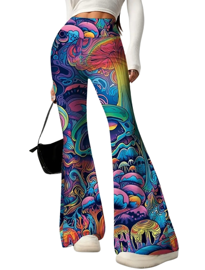 Psychedelic Flare Pants - High Waisted Bell Bottom Leggings with Vibrant Abstract Print