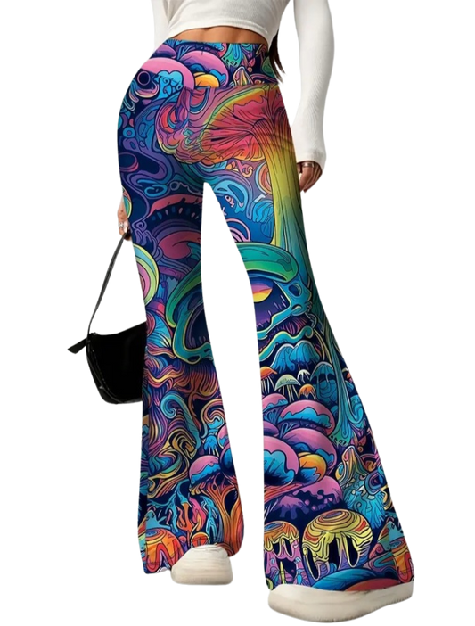 Psychedelic Flare Pants - High Waisted Bell Bottom Leggings with Vibrant Abstract Print